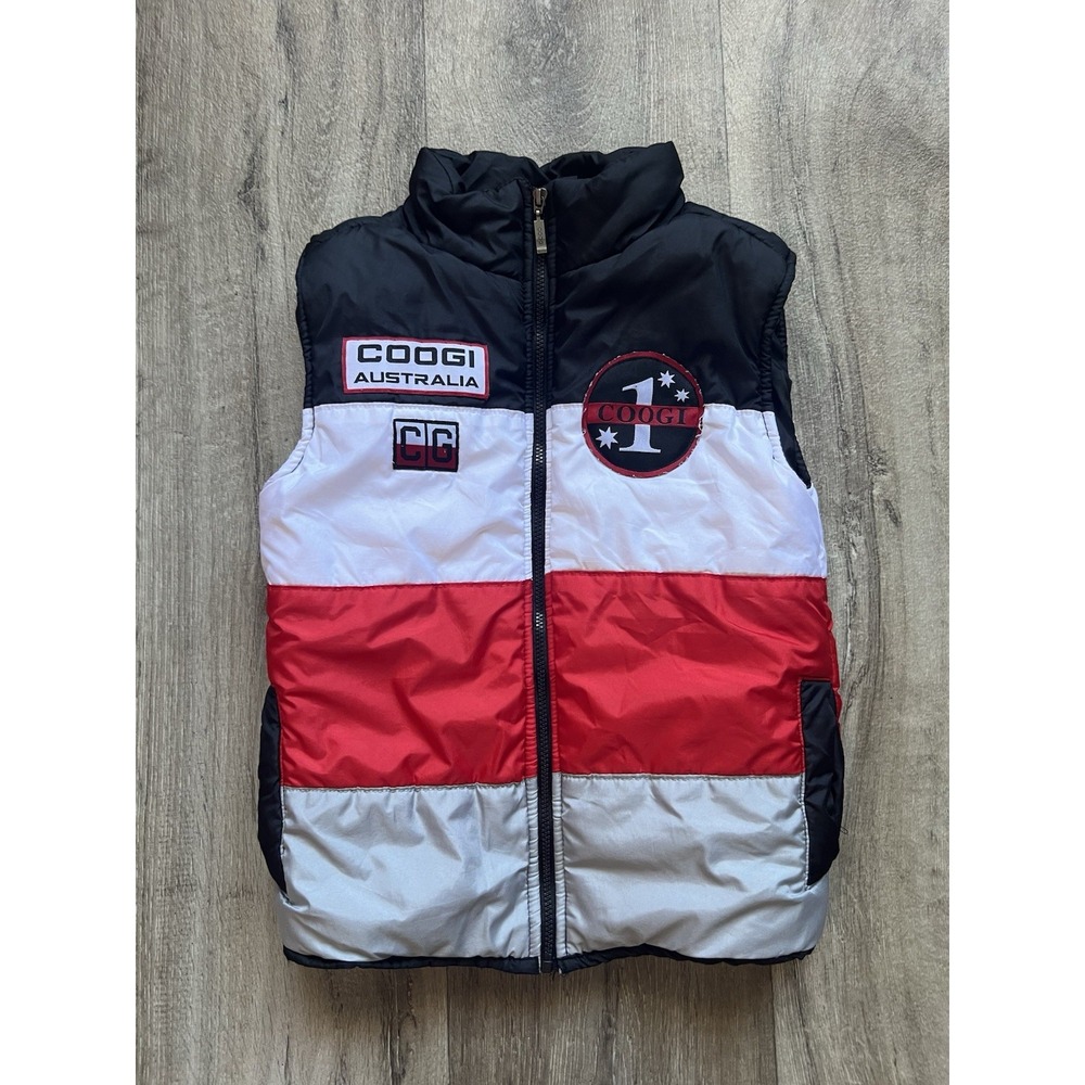 Vintage COOGI Australia Kids Puffer Vest Black Red White Patches Size 5